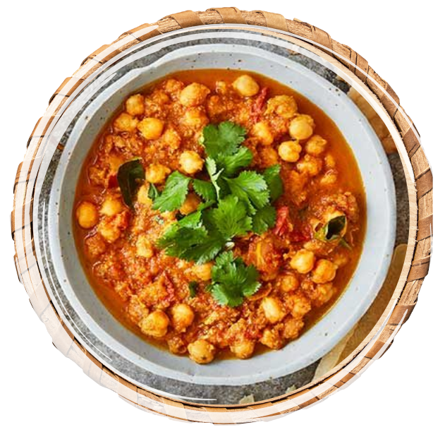 A spicy curry of split White chickpeas with onions, tomatoes, mixed spices, and herbs.