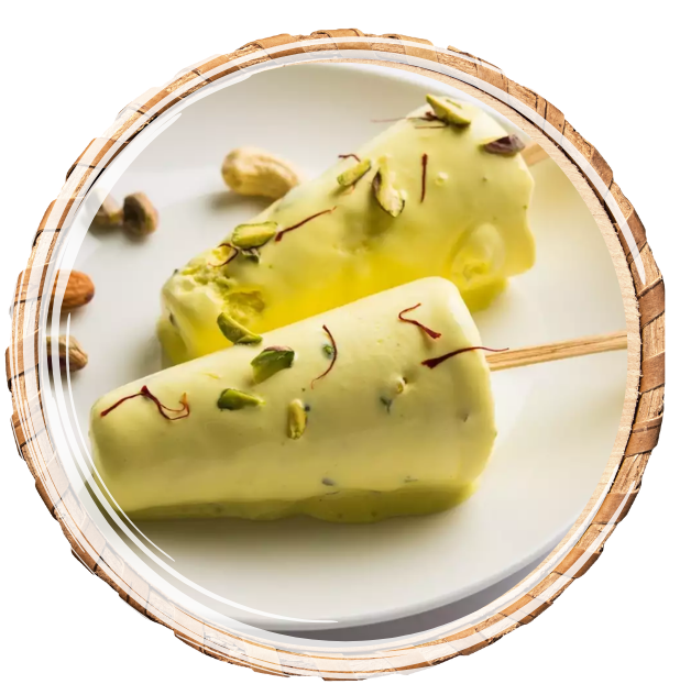 Frozen condensed milk infused with cardamom, saffron, and pistachio