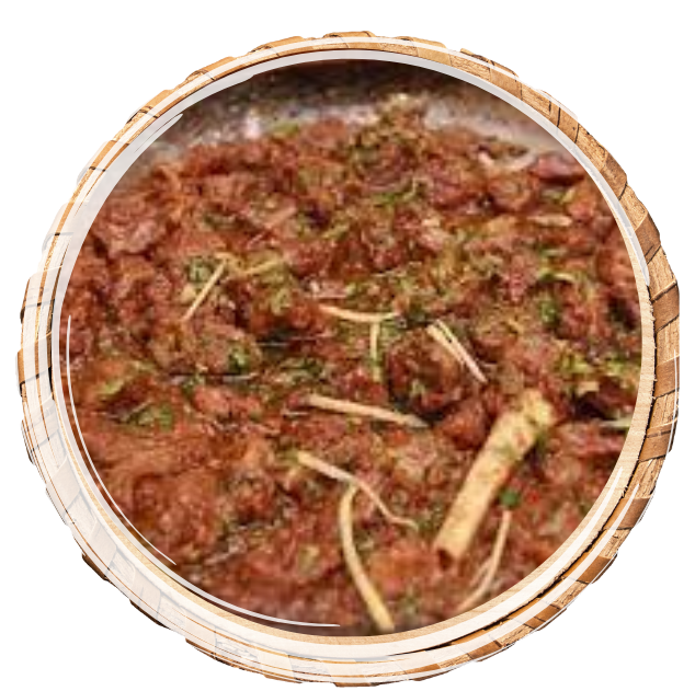 Mutton simmered with ghee, plenty of tomatoes, coarsely crushed with lots of red chilies, roasted spices garnished with julienned ginger and coriander.