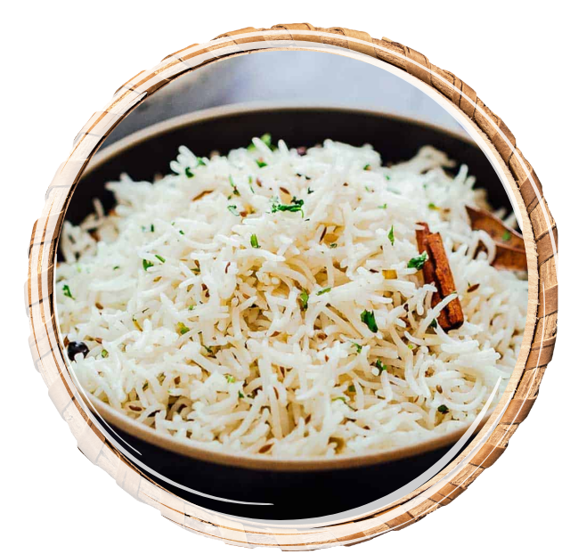 Serving of steamed basmati rice topped with sautéed cumin seeds.