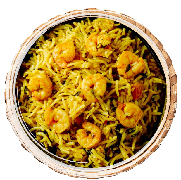 Basmati rice topped with grilled spicy prawns, with aromas of special spices topped with crispy caramelized onions.