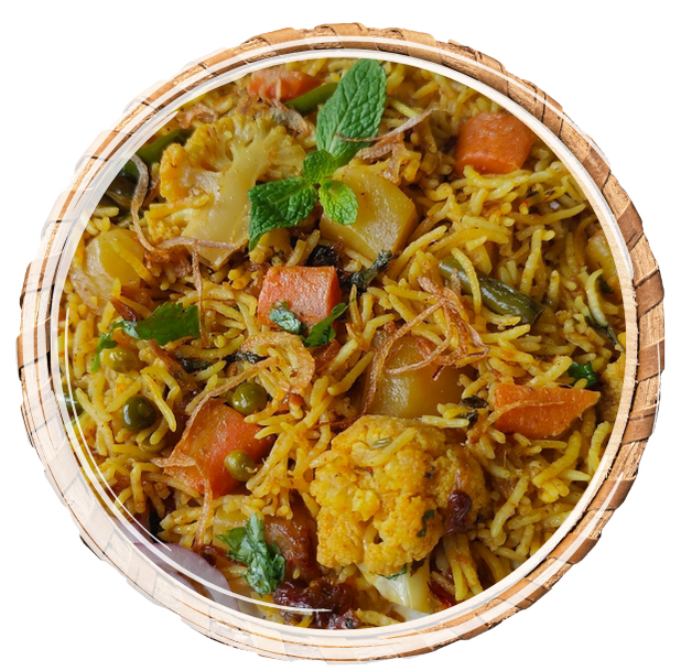 Aromatic Basmati rice infused with a medley of mixed vegetables, fragrant herbs, and traditional biryani spices in this delightful dish.