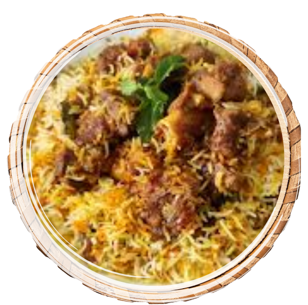 Fragrant basmati rice draped over succulent mutton pieces, infused with a blend of unique spices, and adorned with golden-brown caramelized onions